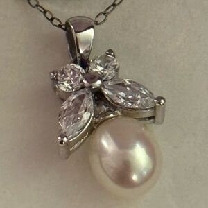 Sterling silver, cultured Pearl and CZ necklace.